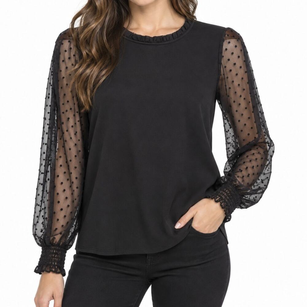 Adrianna Papell Black Swiss Dot Sheer Sleeve Blouse Ruffle Neck Keyhole Top M